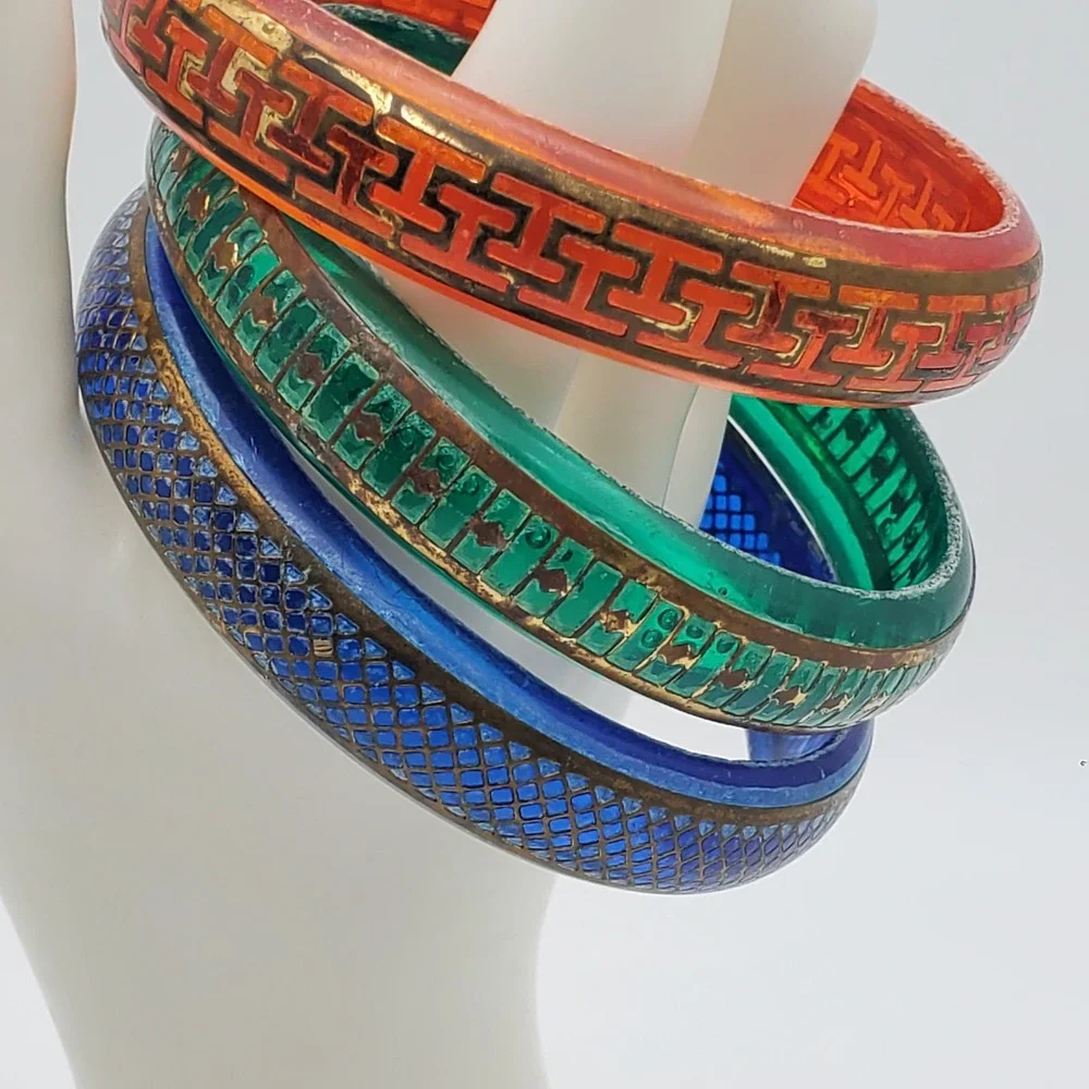 Vintage Acrylic Bangle Bracelet Set Blue Green Orange Gold Tone Geometric Boho